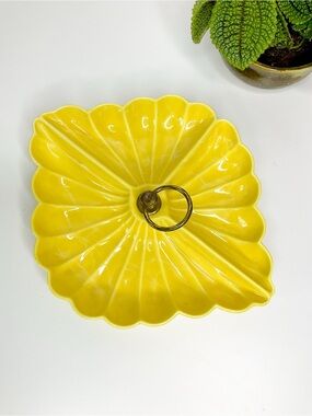 Vintage MIDCENTURY Butter Yellow Ceramic Scalloped Serving Tray with Brass Ring